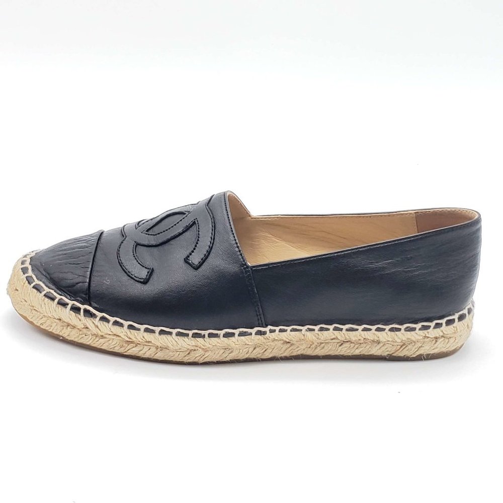 100% Authentic Chanel CC Lambskin Black Espadrille Shoes - Picture 8 of 13